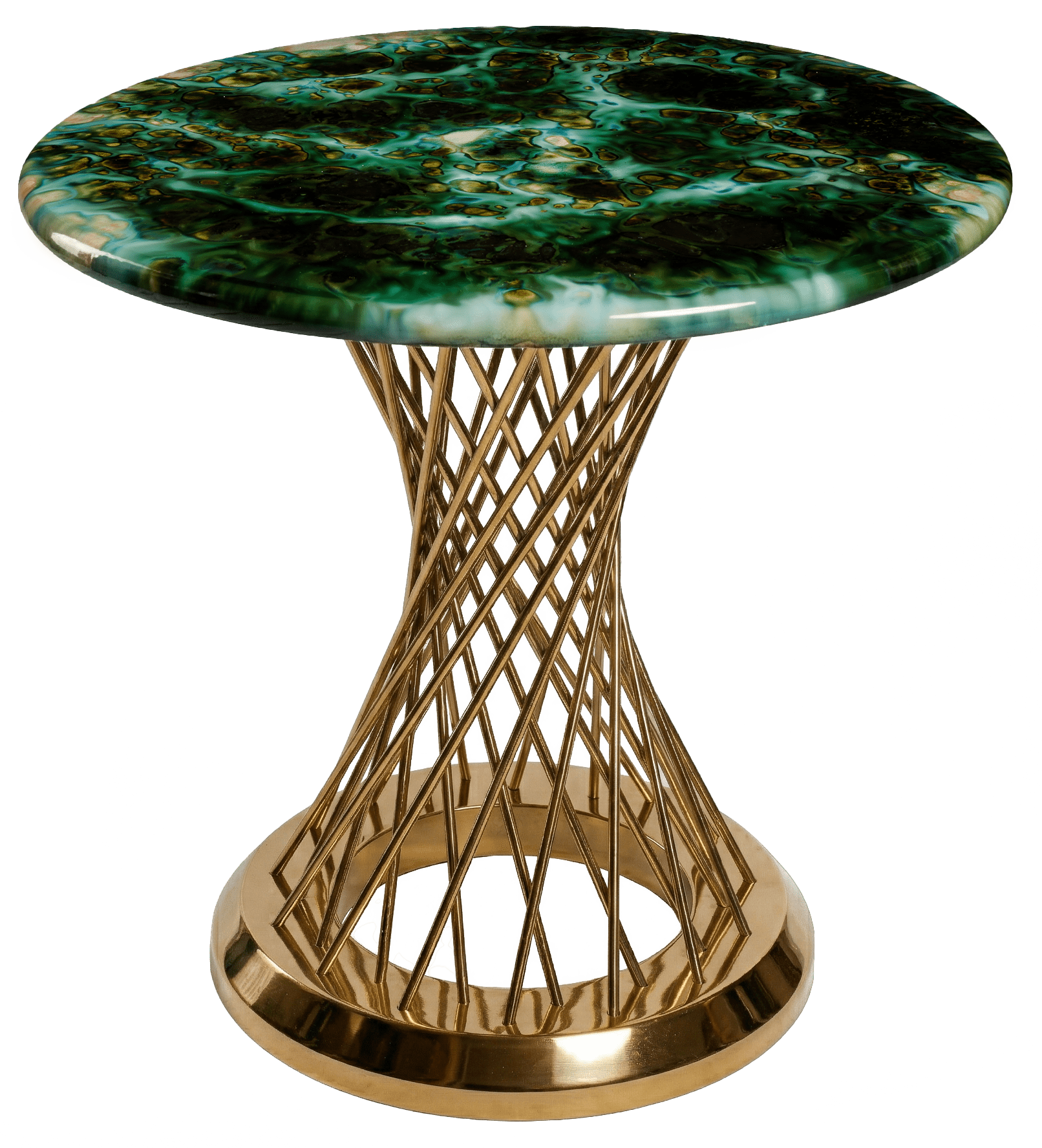 Plateau de table en céramique émaillée aux teintes bleu turquoise et vert, rehaussées d'éclaboussures blanches et brunes dorées, évoquant un récif corallien. Pièce artisanale unique.